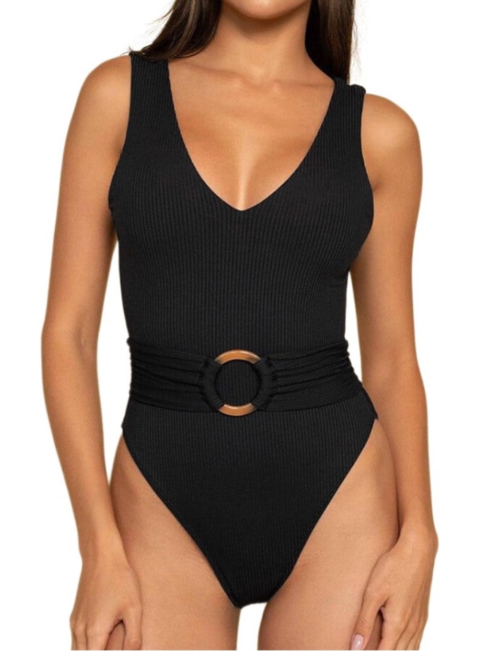 Montce Black Rib Kim One Piece Belted Swimsuit, Size S